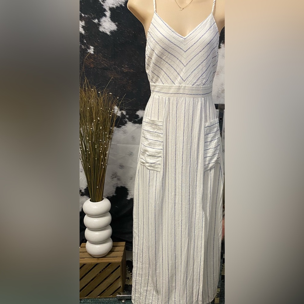 Monteau Linen Blend Sleeveless Striped Coastal Boho Beachy Maxi Event Dress-S
